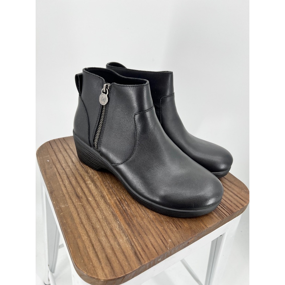Alegria Black Leather Ankle Boots Side‎ Zip Wedge Booties SRI-501 Womens 40